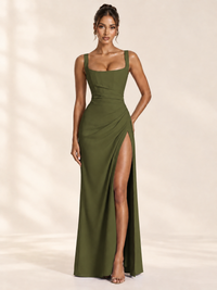 Square Neck Satin Sleeveless Ruched Prom Dress with High Slit