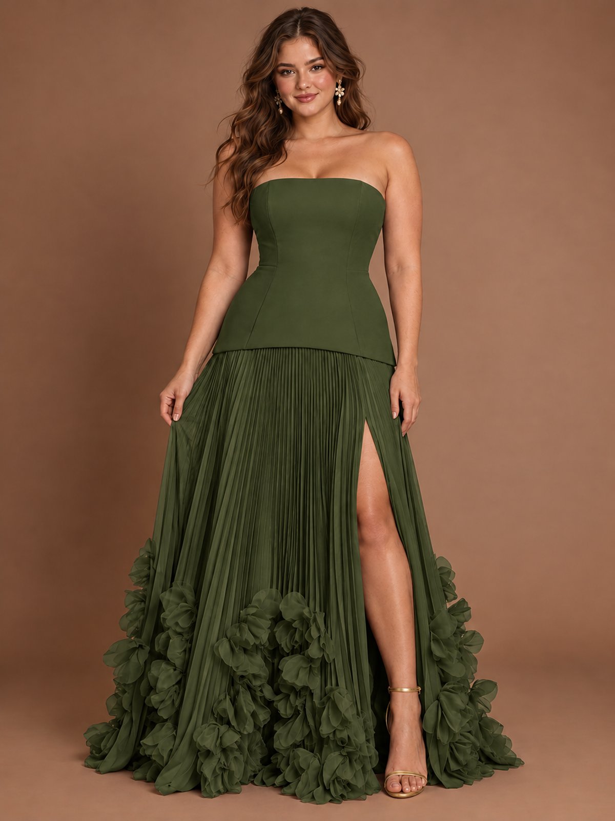 Strapless Pleated Floral Satin Formal Dress with Side Slit