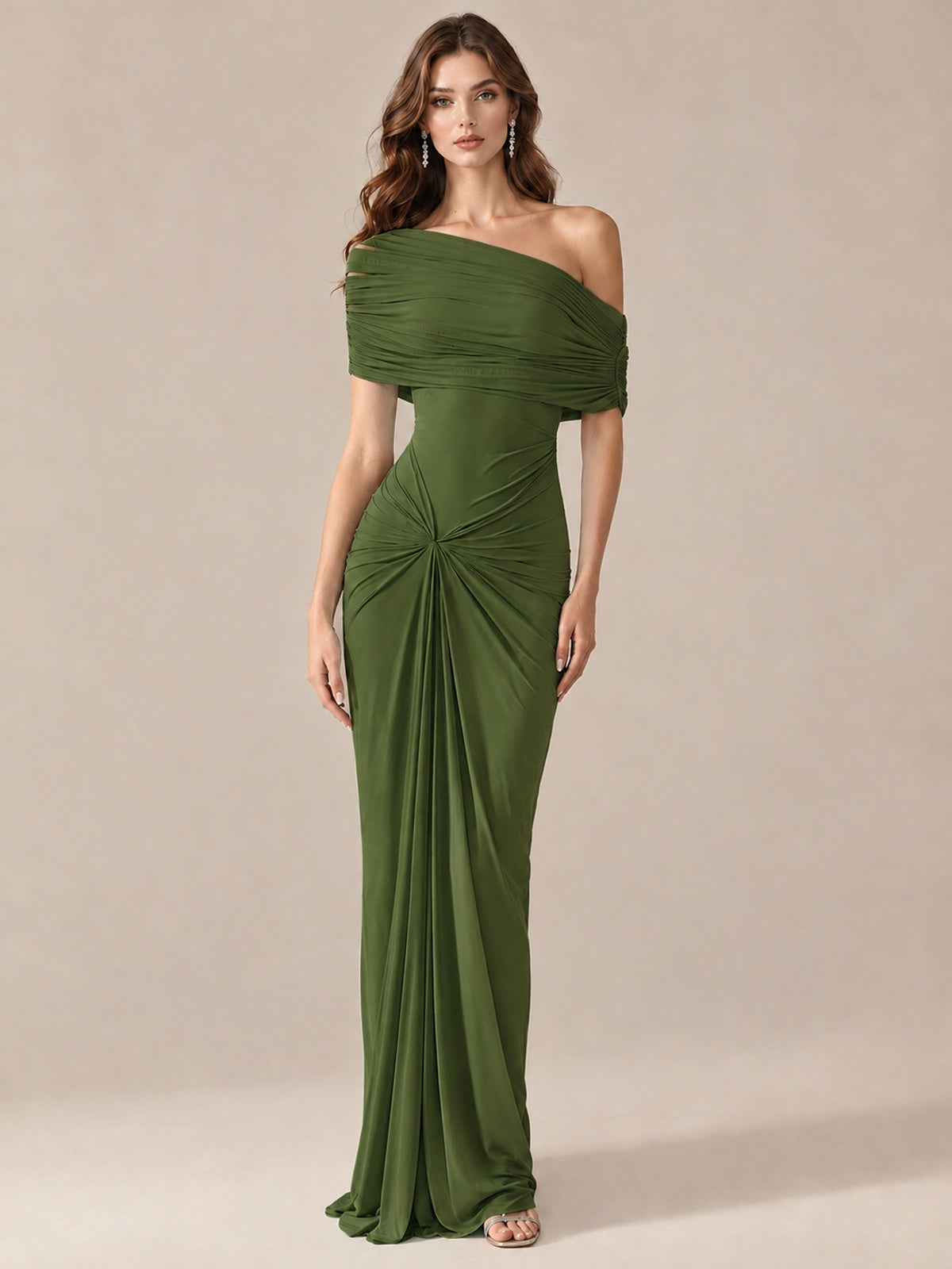 Elegant Draped Off Shoulder Ruched Mermaid Chiffon Formal Evening Gown