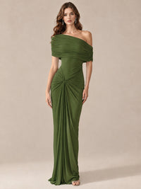 Elegant Draped Off Shoulder Ruched Mermaid Chiffon Formal Evening Gown