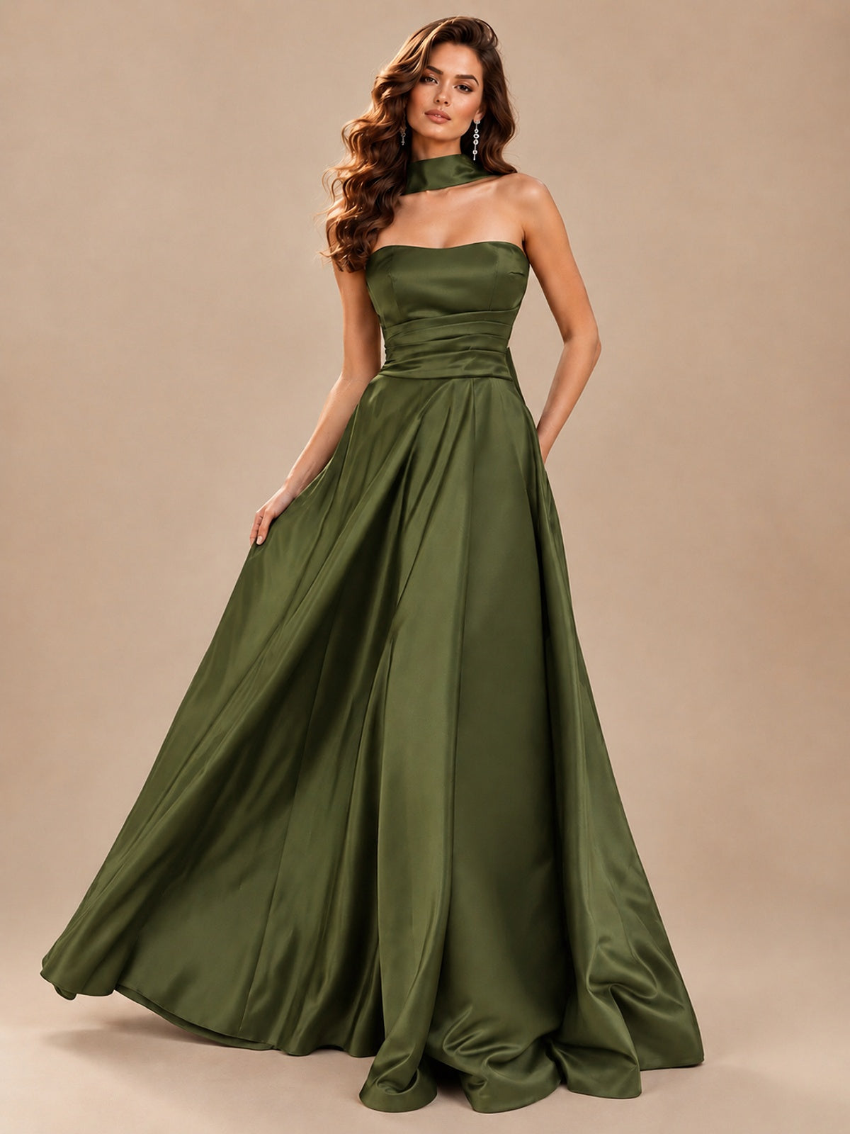 Strapless Prom Dress Side High Slit A-line Formal Dress with Scarf