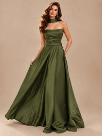 Strapless Prom Dress Side High Slit A-line Formal Dress with Scarf