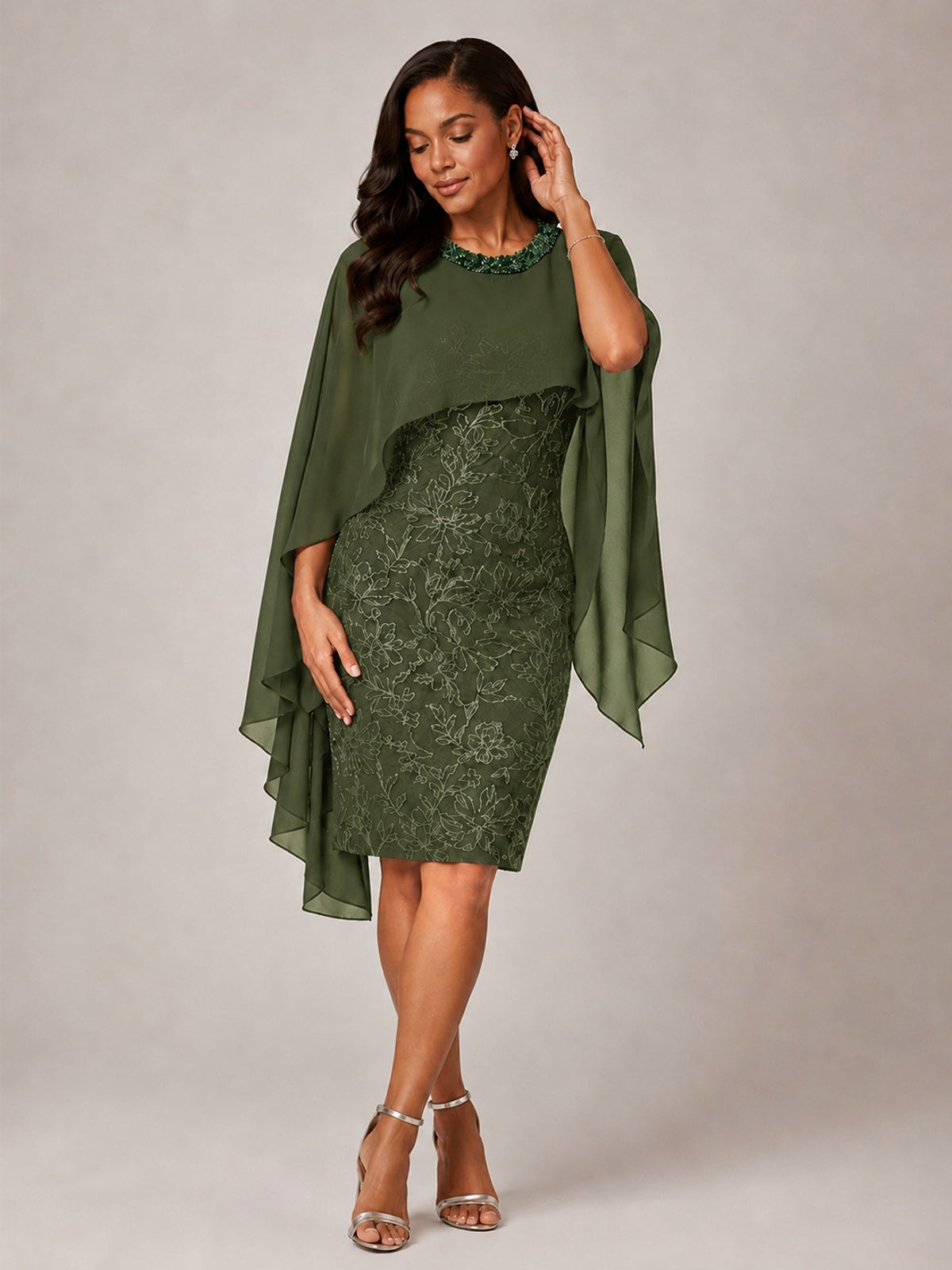 Floral Sheath Mother of the Bride Dress with Cape Overlay