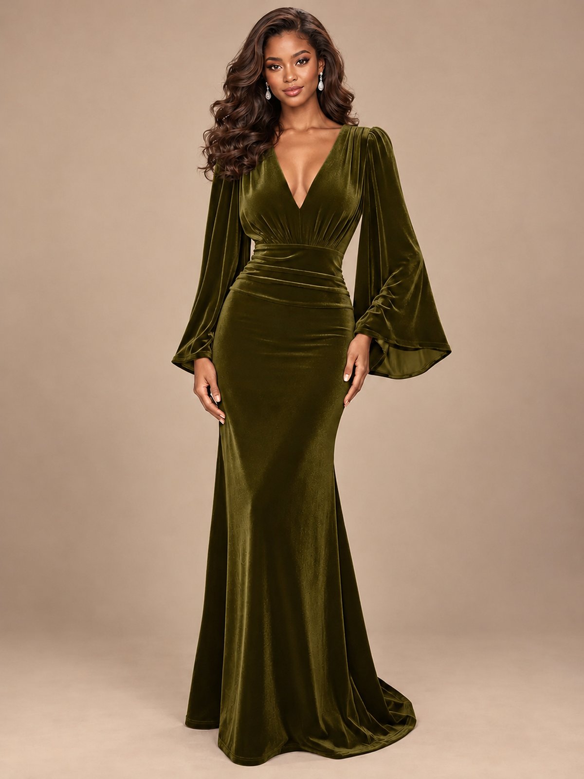 Burgundy Velvet Deep V-Neck Ruched Long Sleeve Maxi Dress