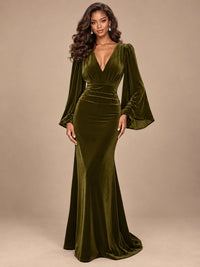 Burgundy Velvet Deep V-Neck Ruched Long Sleeve Maxi Dress