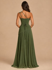 One Shoulder Prom Dress A-line Ruched Women Wedding Formal Gowns