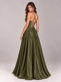 Lace Applique Satin A-Line Prom Dress with Sheer Bodice
