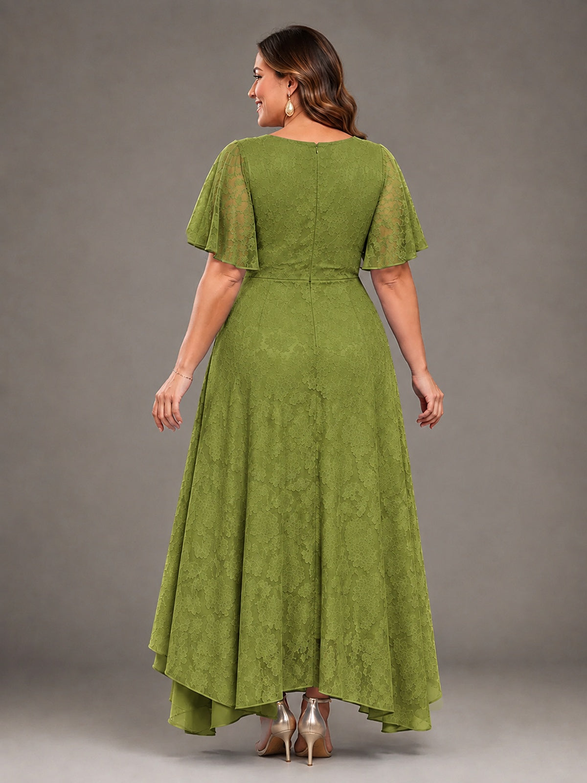 Jacquard Chiffon A-Line V-Neck High-Low Mother of the Bride Dress