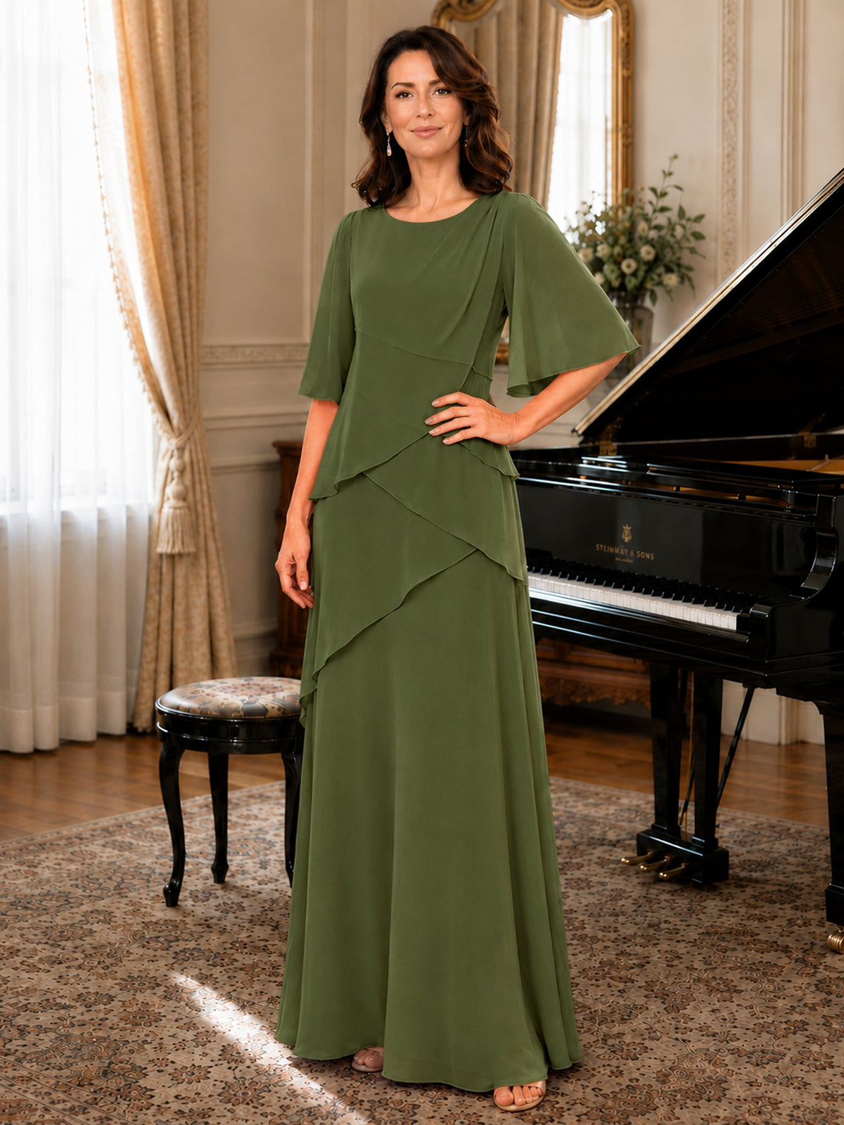 Asymmetric Draped Chiffon Mother of the Bride Dress with Flutter Sleeves