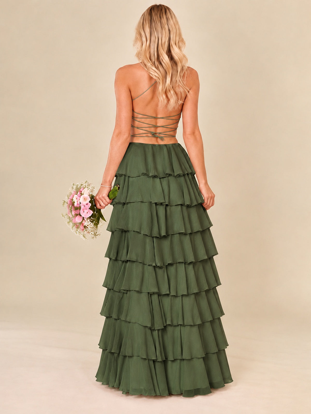 Ruffled Tiered Chiffon Prom Dress Spaghetti Straps Formal Maxi Dress with Slit