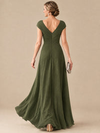 Pleated Chiffon Lace Mother of The Bride Dresses with Beading Cap Sleeves