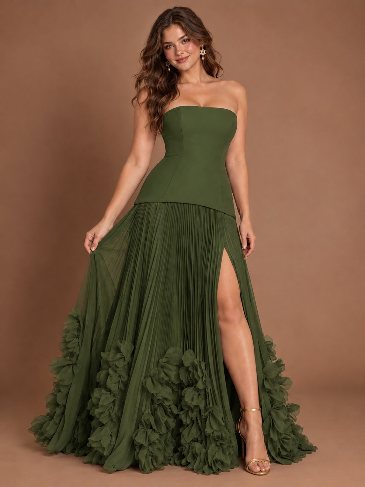 Strapless Pleated Floral Satin Formal Dress with Side Slit