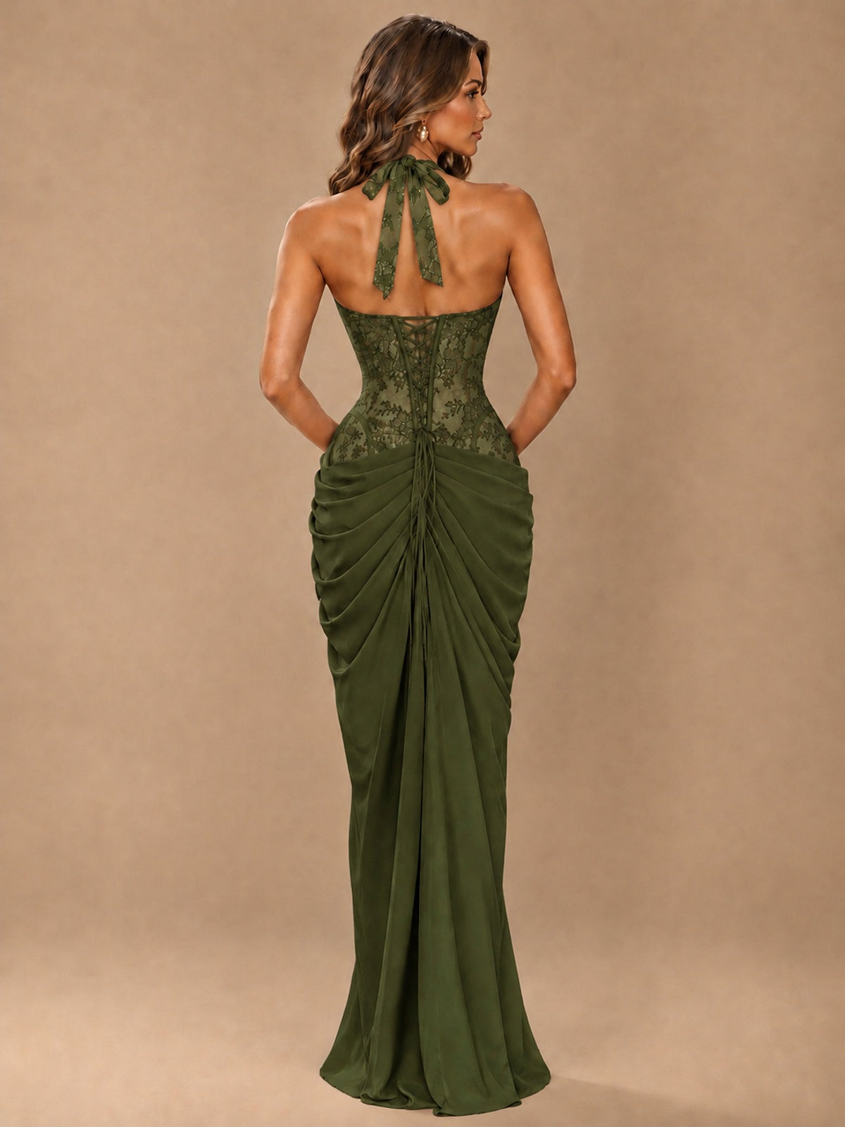 Sweetheart Halter Prom Dress Pleated Lace Floral Formal Dress with Slit