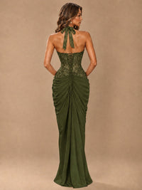 Sweetheart Halter Prom Dress Pleated Lace Floral Formal Dress with Slit