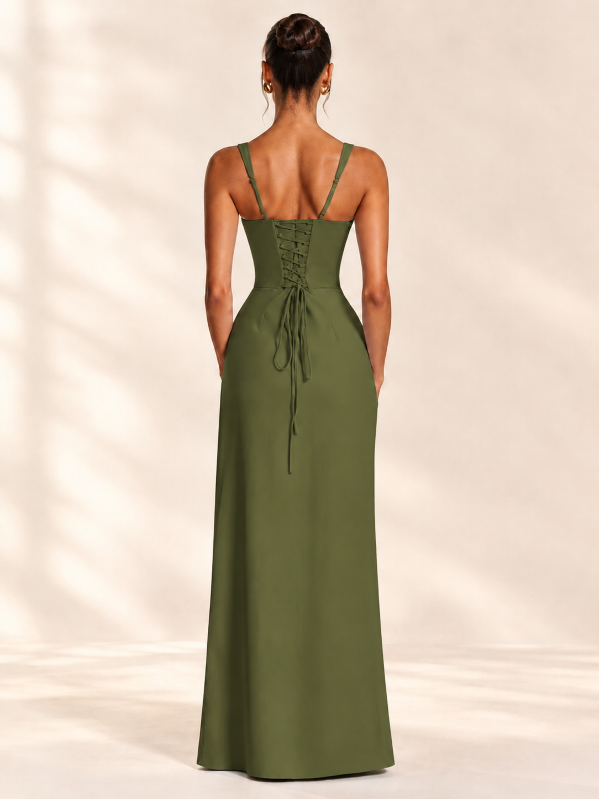 Square Neck Satin Sleeveless Ruched Prom Dress with High Slit
