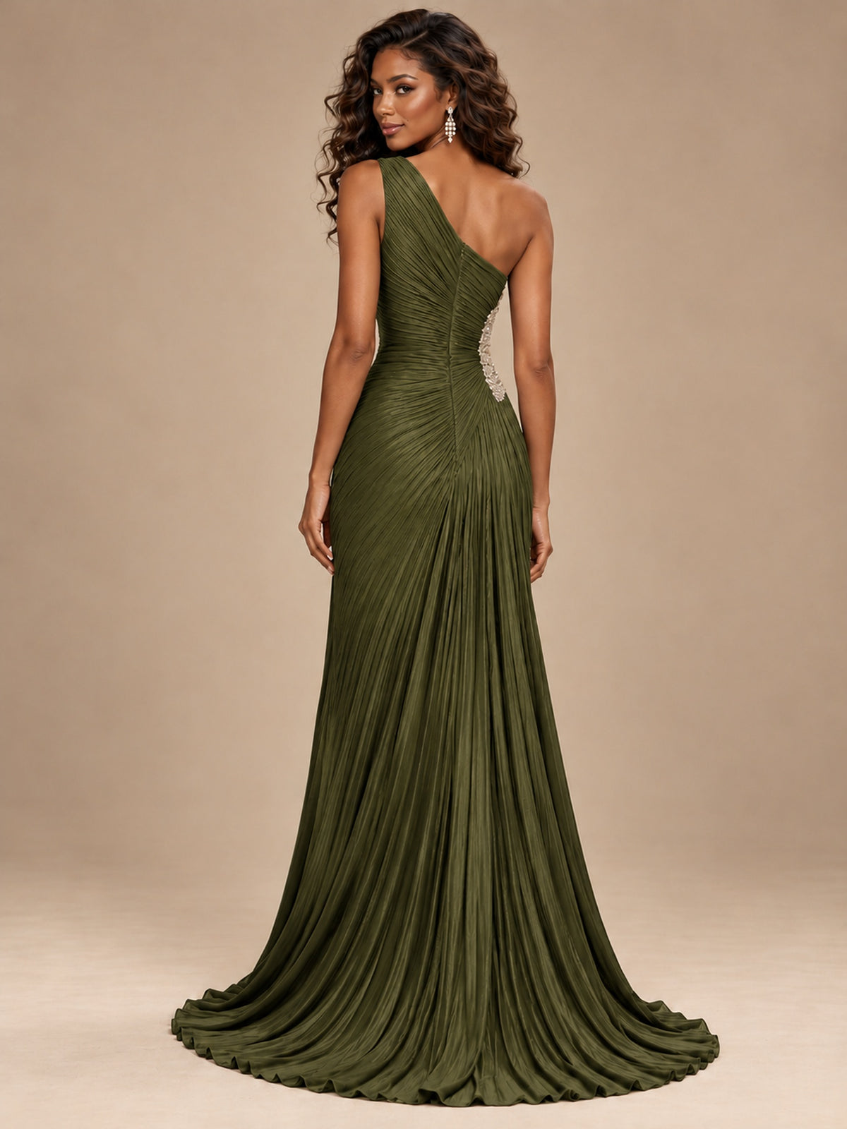 Burgundy One Shoulder Ruched Prom Dress with High Slit & Beaded Waist