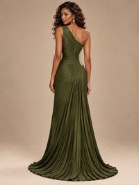 Burgundy One Shoulder Ruched Prom Dress with High Slit & Beaded Waist