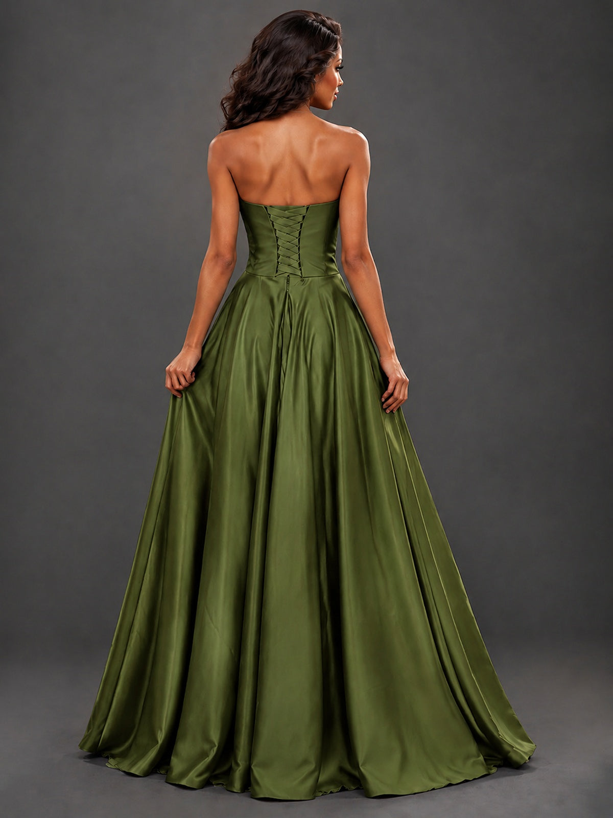 Draped Satin Prom Dress Strapless A-line Formal Dress Floor Length