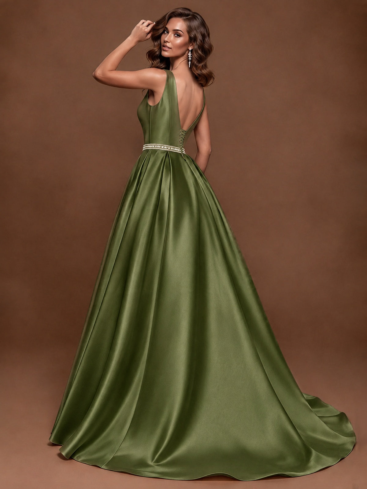 Satin A-Line Prom Dress Sleeveless Beaded Waist Formal Gown with Pockets