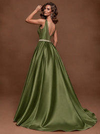 Satin A-Line Prom Dress Sleeveless Beaded Waist Formal Gown with Pockets