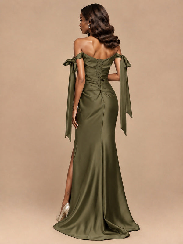 Off The Shuolder Satin Prom Dress Slit Mermaid Formal Gowns