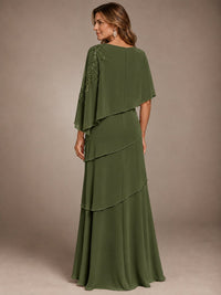 Elegant Chiffon Cape Sleeve Beaded Mother of the Bride Dress