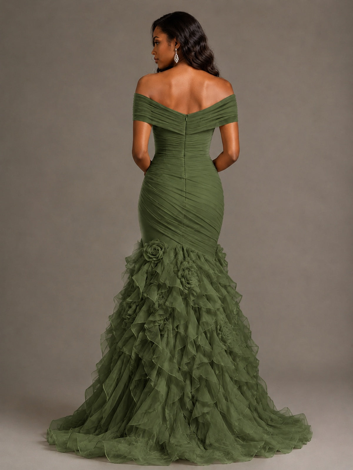 Pink Off-the-Shoulder Mermaid Prom Dress with Ruffles 3D Flowers