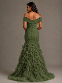 Pink Off-the-Shoulder Mermaid Prom Dress with Ruffles 3D Flowers