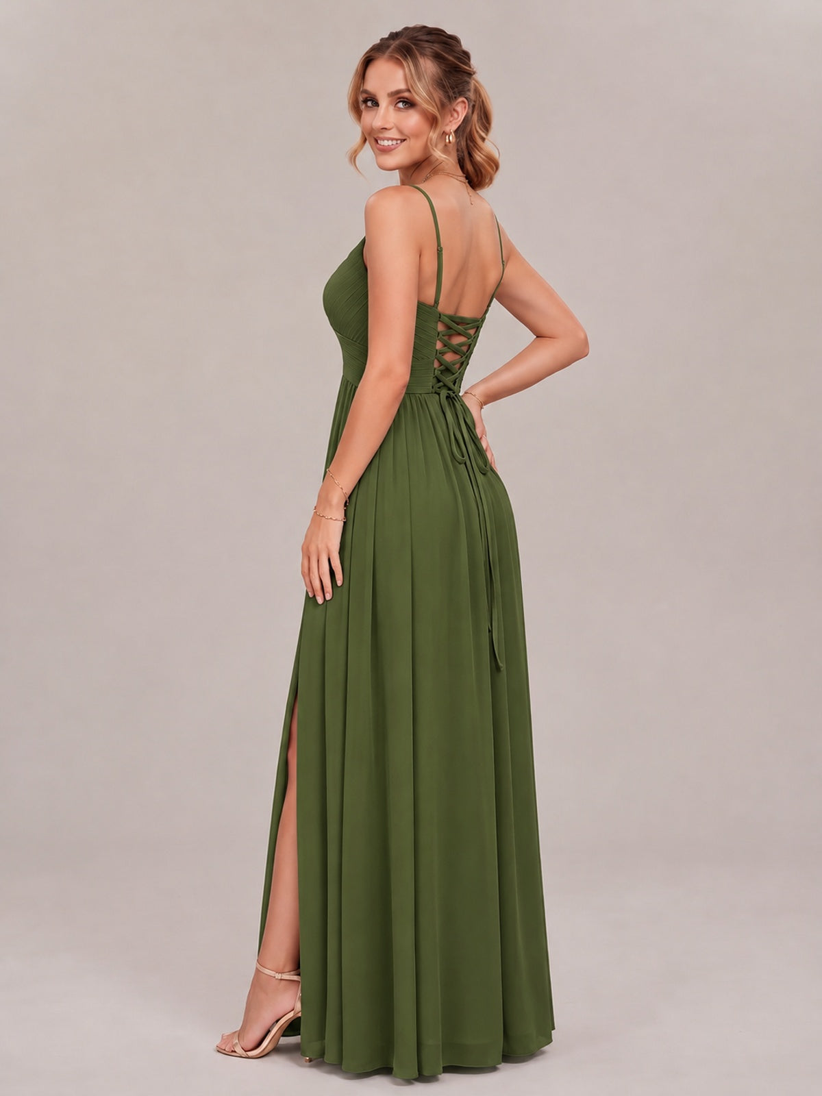 V-Neck Pleated Chiffon Long Bridesmaid Dress with Slit
