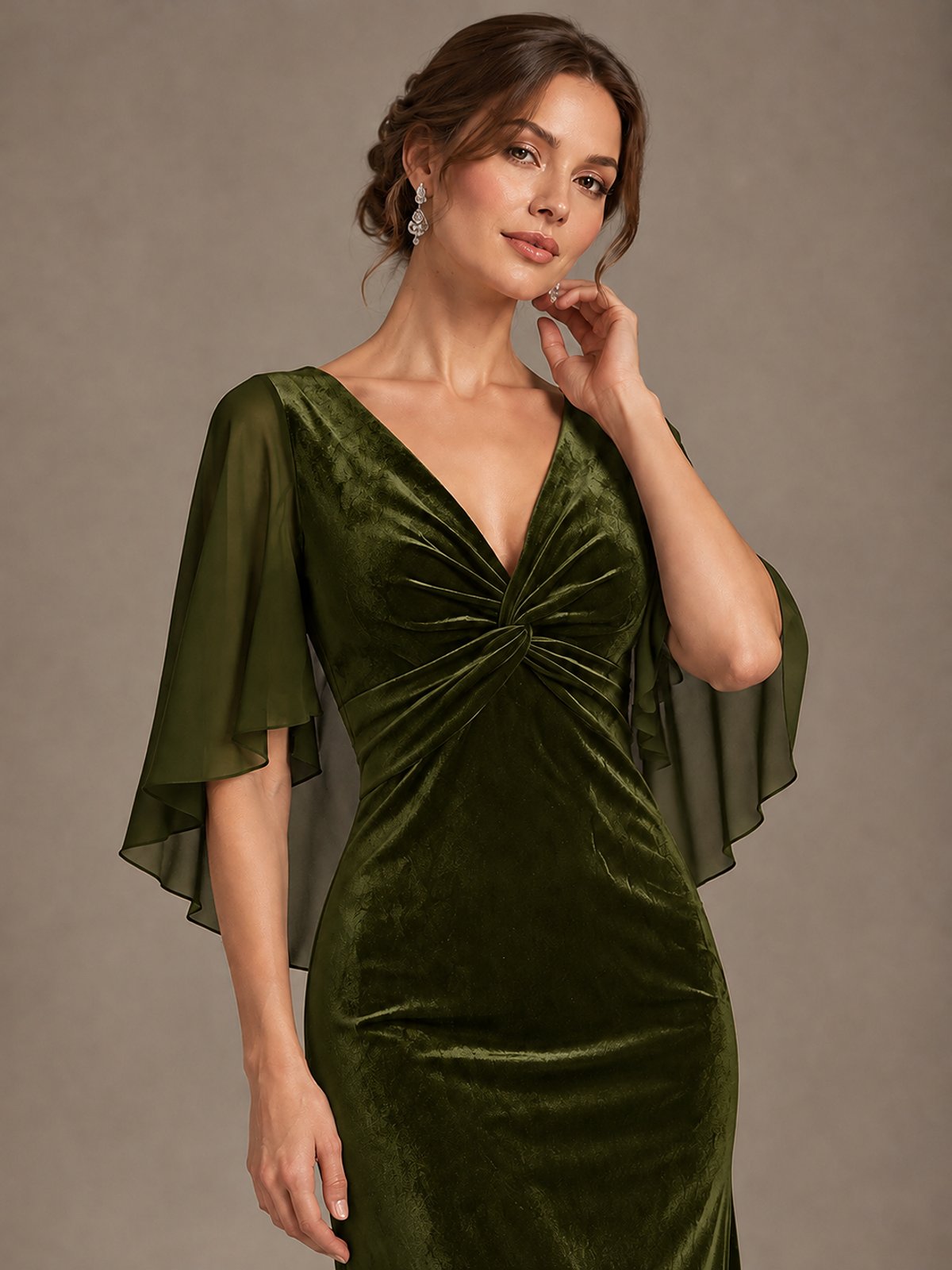 Navy Blue Velvet V Neck Mermaid Formal Dress with Flutter Cape Sleeves