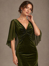 Navy Blue Velvet V Neck Mermaid Formal Dress with Flutter Cape Sleeves