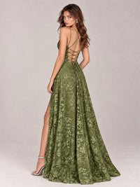 Floral Lace A-Line Prom Dress with Spaghetti Straps & High Slit