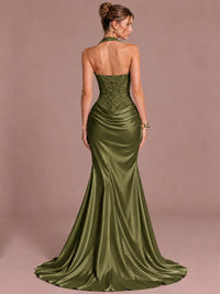 Sparkling Halter Corset Satin Mermaid Prom Dress