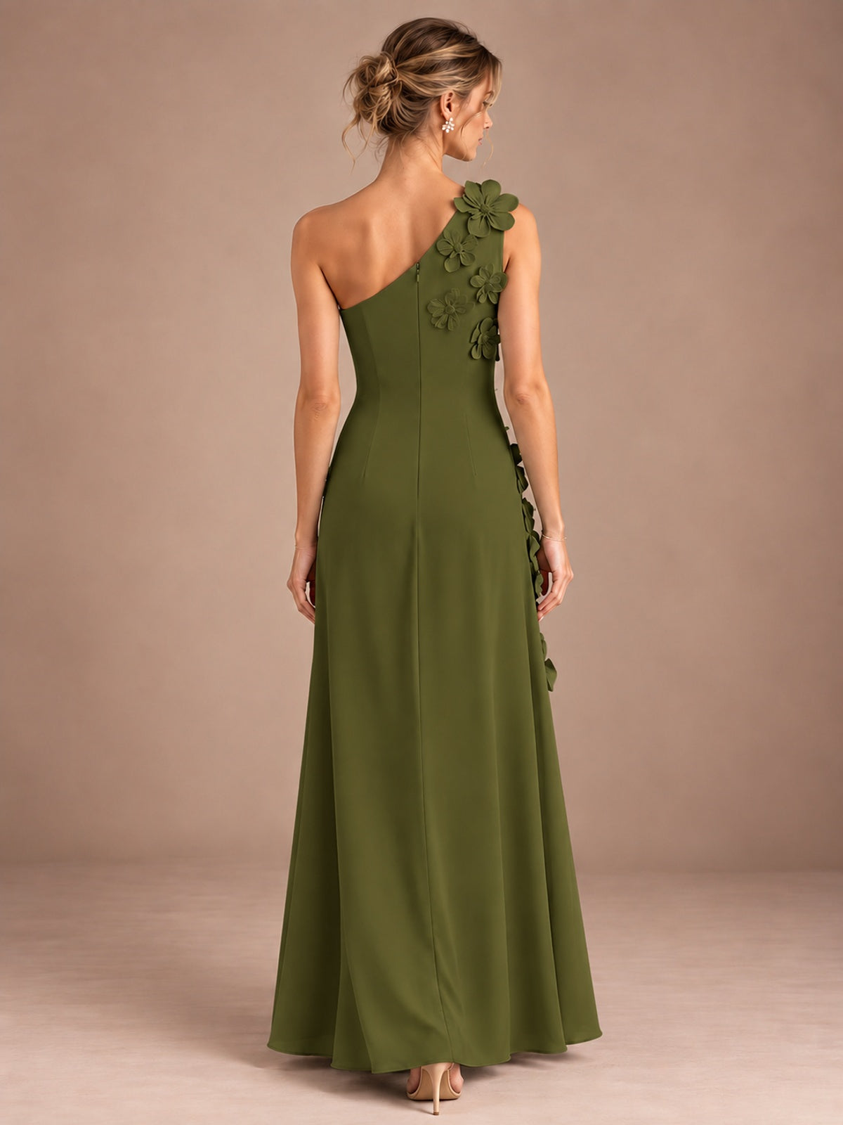 Sage Green One Shoulder Satin Formal Maxi Dress with 3D Floral