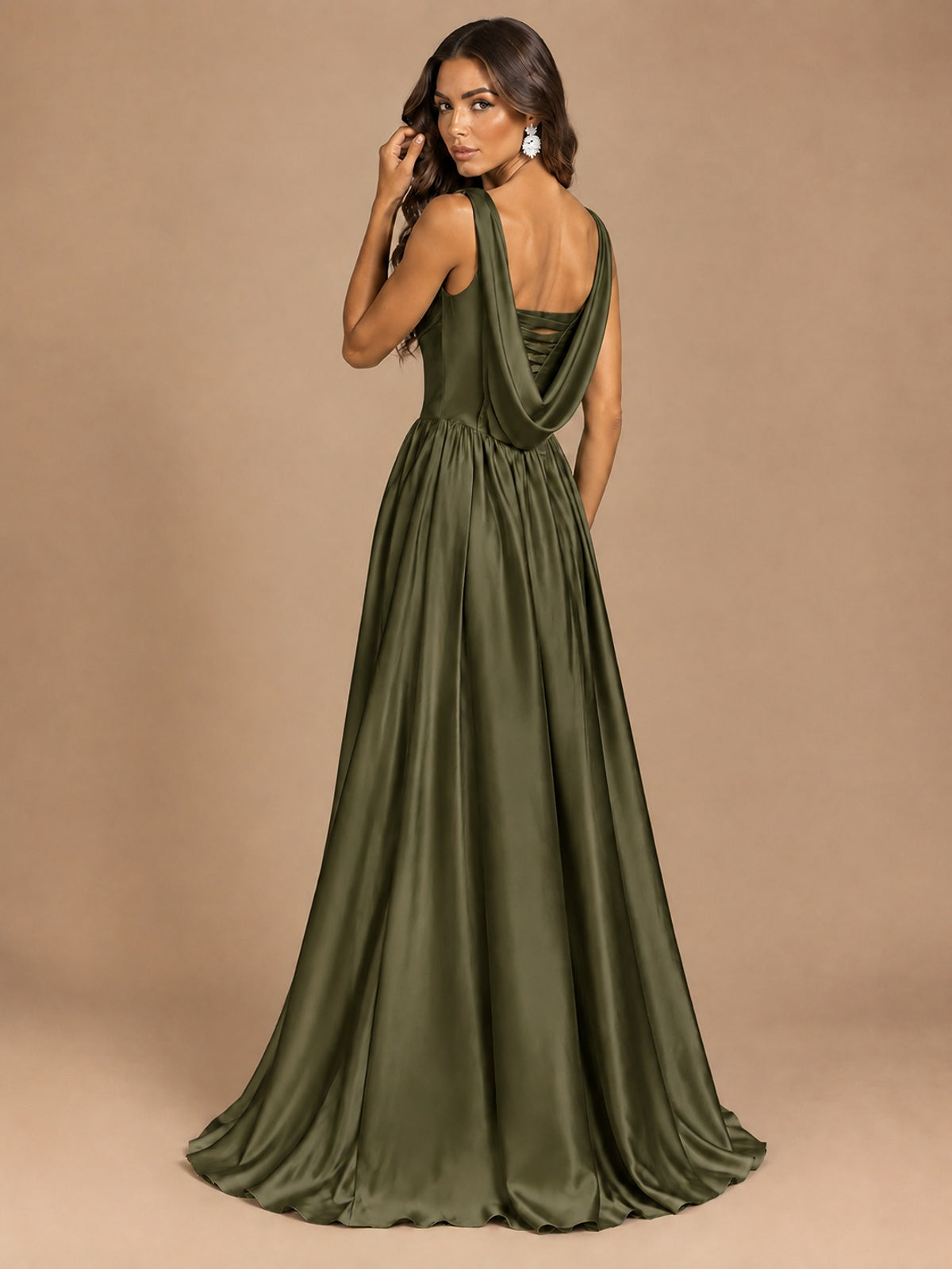 Cowl Neck Pleated Satin Prom Dress with Pockets & Slit Maxi Formal Gowns