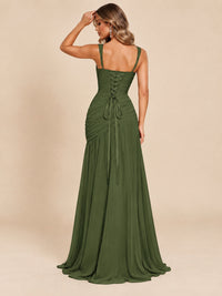 Wrap Pleated Prom Dress Scoop Neck with Slit Women Wedding Formal Dress