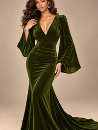 Burgundy Velvet Deep V-Neck Ruched Long Sleeve Maxi Dress