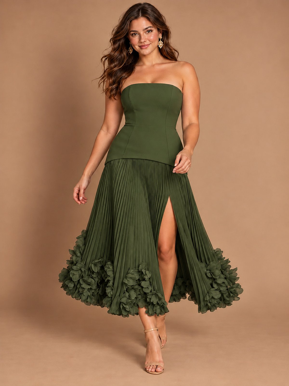 Navy Blue Strapless Pleated A-Line Midi Dress with 3D Floral Applique