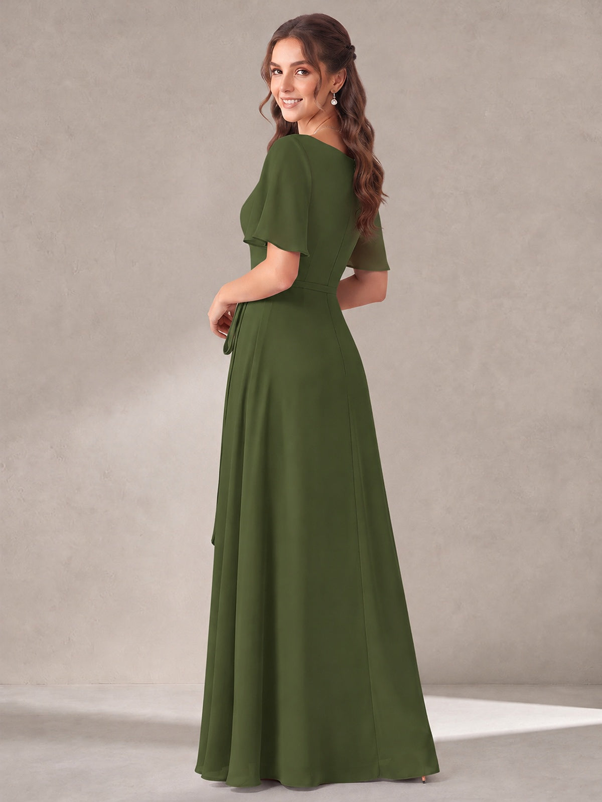 Scoop Neck A-line Chiffon Bridesmaid Dress with Flutter Sleeve & Belt