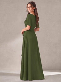 Scoop Neck A-line Chiffon Bridesmaid Dress with Flutter Sleeve & Belt