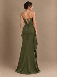 Black and White Strapless Ruched Prom Dress with High Slit & Side Drape