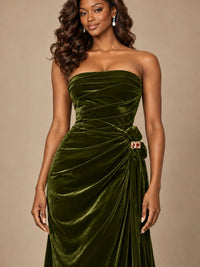 Burgundy Velvet Strapless Ruched Prom Dress with Jeweled Side Drape