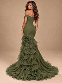 Dusty Blue Off-the-Shoulder Mermaid Prom Dress with 3D Rose & Ruffles