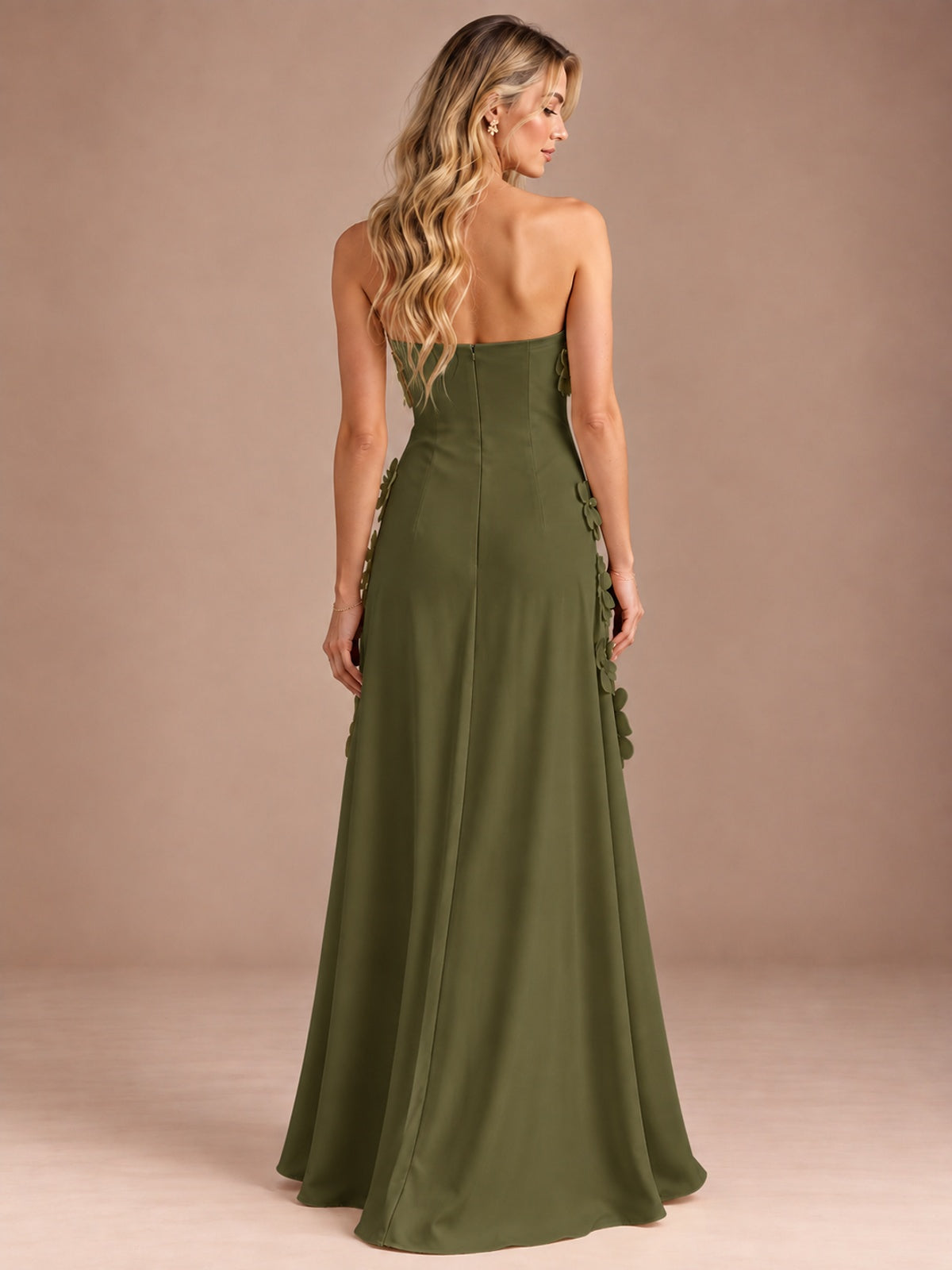 Yellow Strapless A-line Satin Maxi Dress with 3D Floral