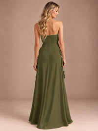 Yellow Strapless A-line Satin Maxi Dress with 3D Floral
