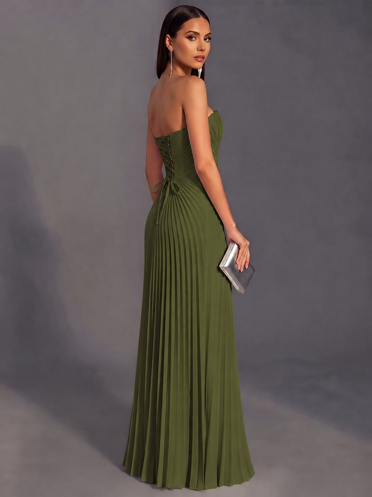 Strapless A-line Long Pleated Satin Prom Dress