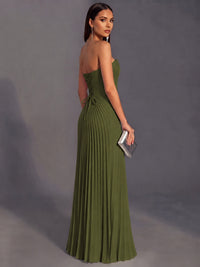 Strapless A-line Long Pleated Satin Prom Dress