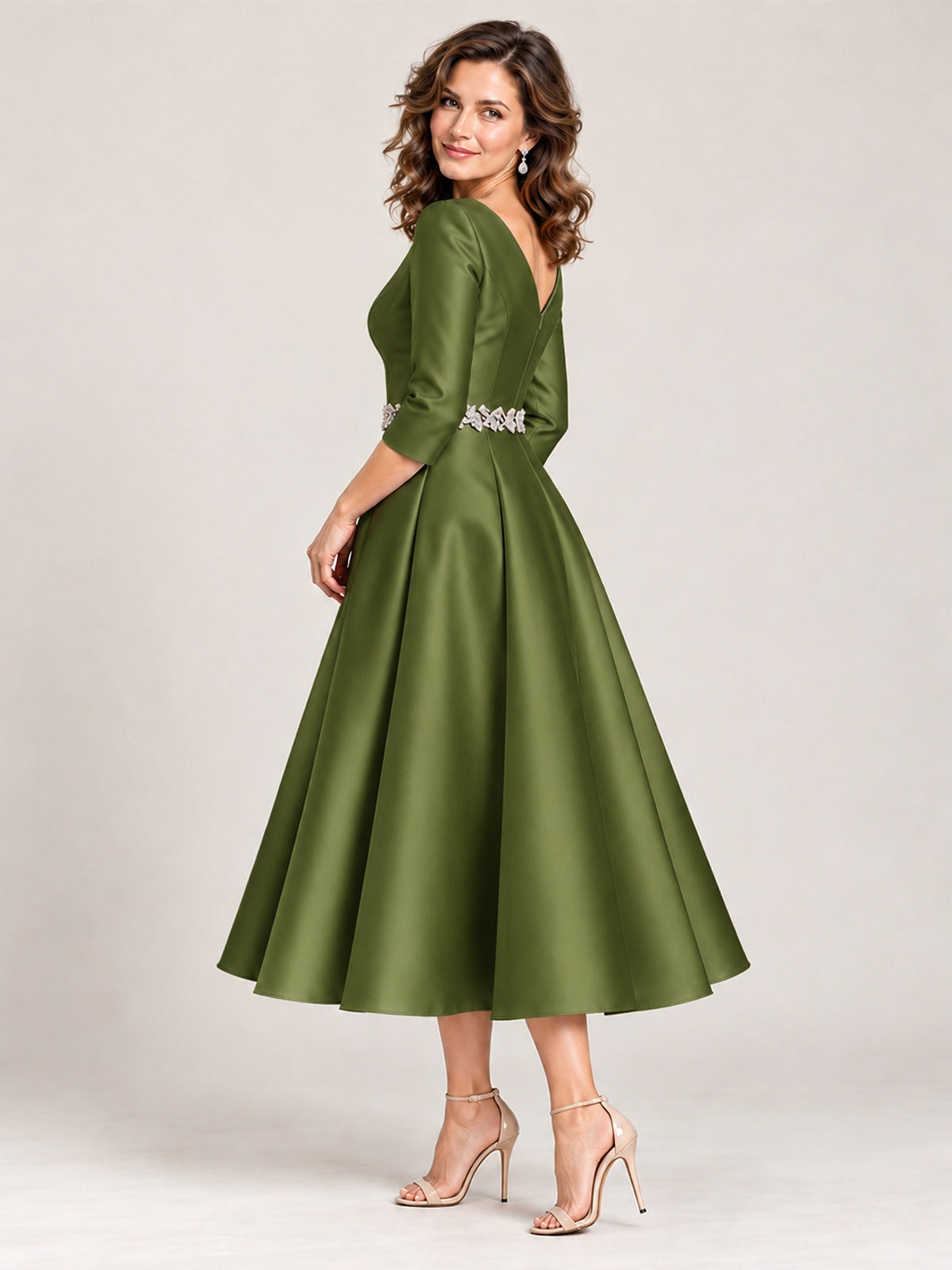 V-Neck Tea-Length Mother of the Bride Dress with Embellished Waist