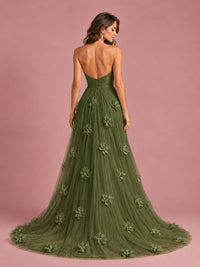 3D Floral Applique Strapless Tulle Prom Dress with High Slit