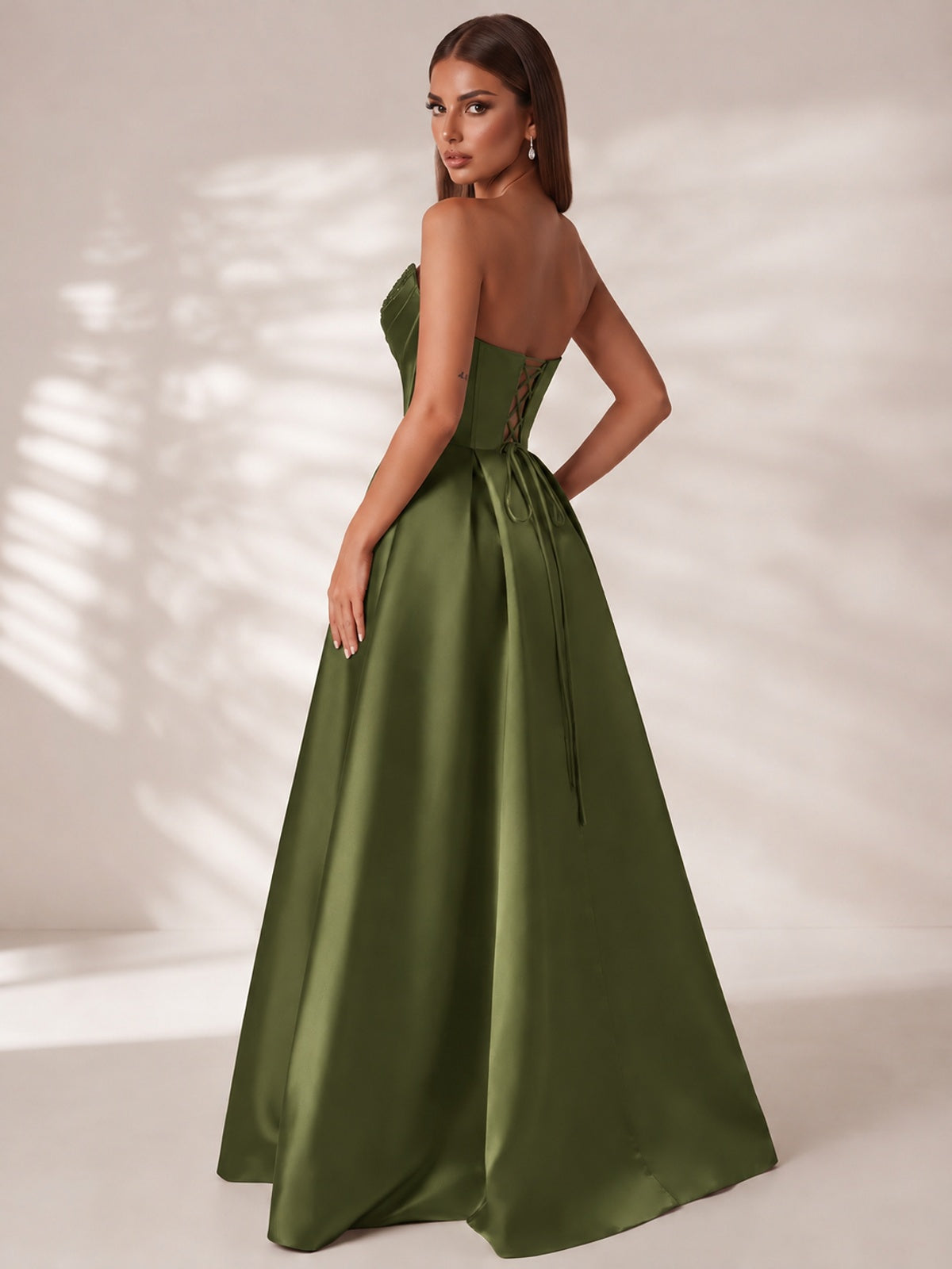 Strapless Corset Satin Prom Dress Long Evening Gown with High Slit